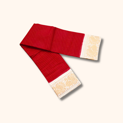 Red Sungudi Cotton Saree with Cream Gold Zari Border – Running Blouse