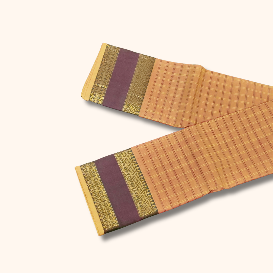 Mustard Yellow Checked Chettinad Cotton Saree with Wine Purple Border