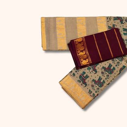 Beige Elephant Print Sungudi Cotton Saree with Gold Zari Elephant Border