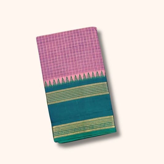Baby Pink Chettinad Cotton Saree with Green Border