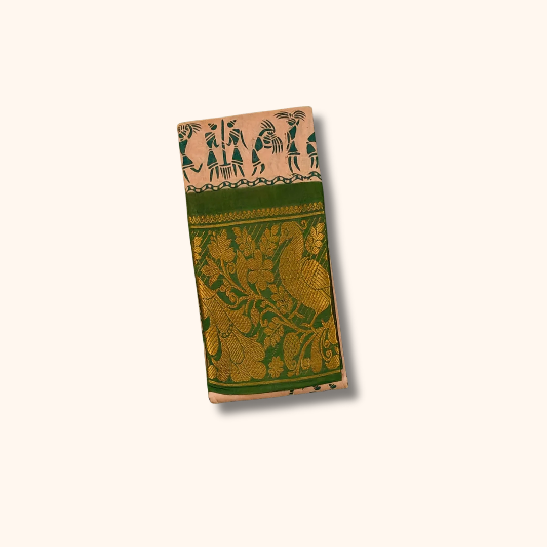 Light Pink Cotton Saree with Green Designer Border and Gold Woven Pallu