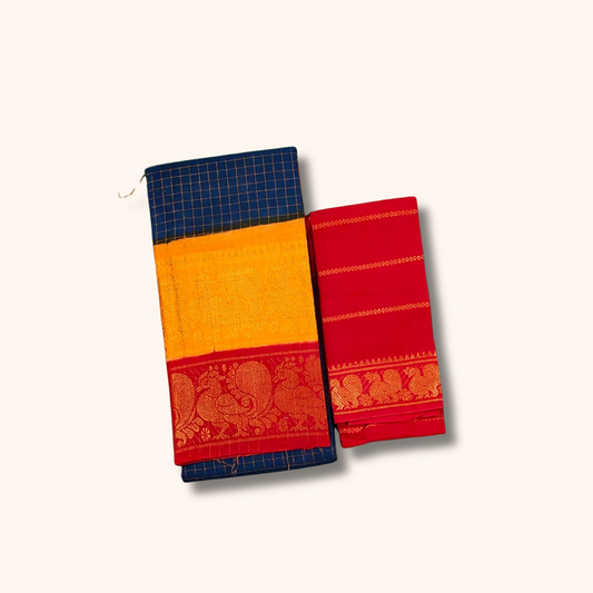 Navy Blue Chettinad Cotton Saree with Mustard & Red Temple Border