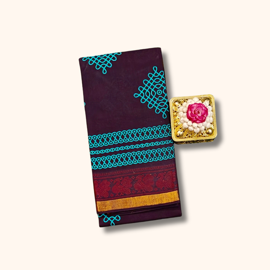 Deep Maroon Sungudi Cotton Saree with Teal Kolam Design & Zari Border