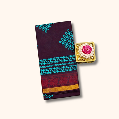 Deep Maroon Sungudi Cotton Saree with Teal Kolam Design & Zari Border