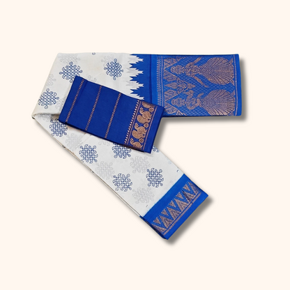 White & Royal Blue Kolam Temple Border Sungudi Cotton Saree with Separate Blouse