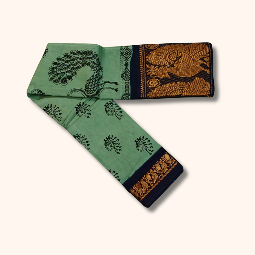 Sage Green Peacock Print Cotton Saree with Navy Blue Contrast Border