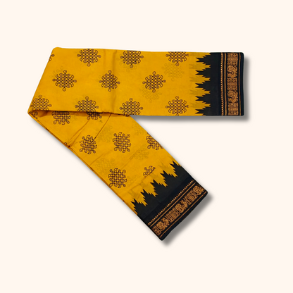 Mustard Yellow & Black Temple Border Kolam Sungudi Cotton Saree