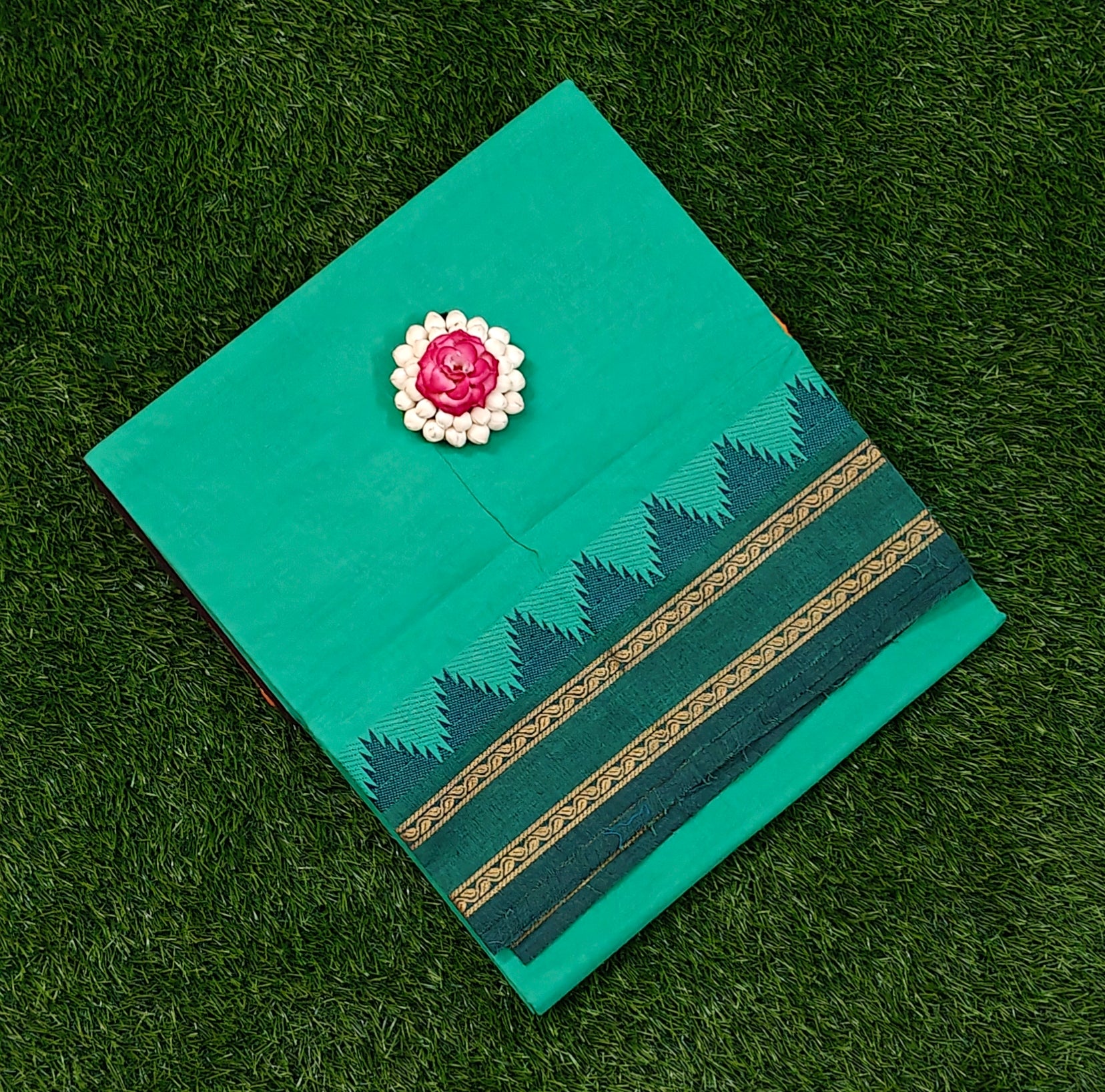 Sea Green Chettinad Cotton Saree with Classic Temple Border