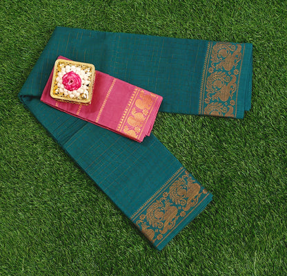 Teal Green Sungudi Cotton Saree with Contrast Pink Blouse Piece