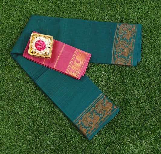Teal Green Sungudi Cotton Saree with Contrast Pink Blouse Piece