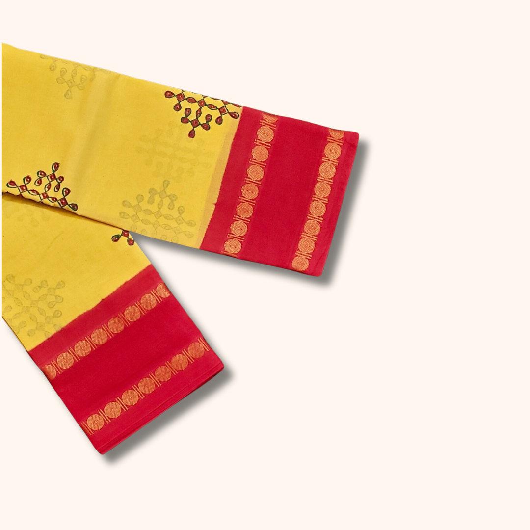 Mustard Yellow Floral Design Cotton Saree with Red Running Blouse