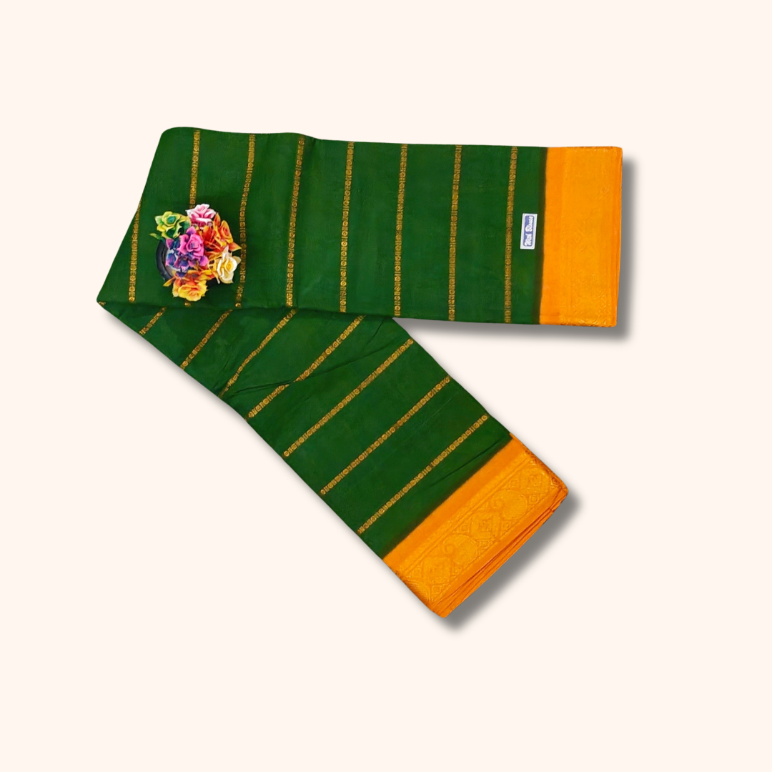 Bottle Green Cotton Saree with Mustard Zari Border & Running Blouse