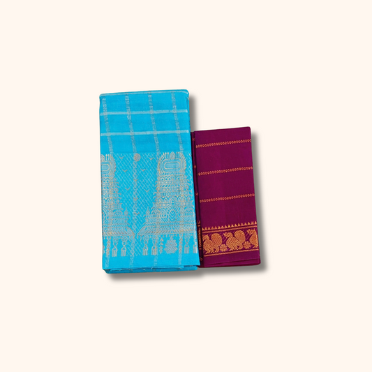 Turquoise Blue Checked Cotton Saree with Gold Zari & Purple Blouse