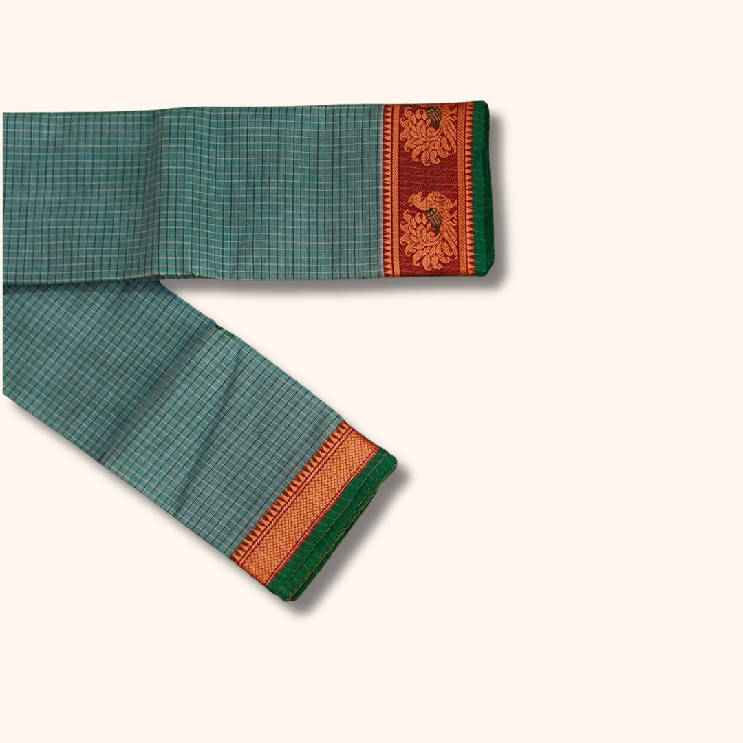 Sea Green Checked Thread Work Zari Chettinad Cotton Saree