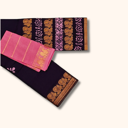 Deep Plum Batik Cotton Saree with Pink Separate Blouse Piece