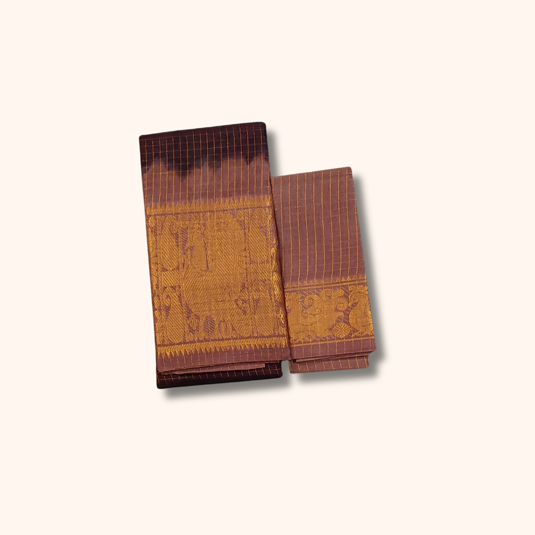 Dark Coffee Brown Sungudi Cotton Saree with Rich Gold Peacock Zari Border