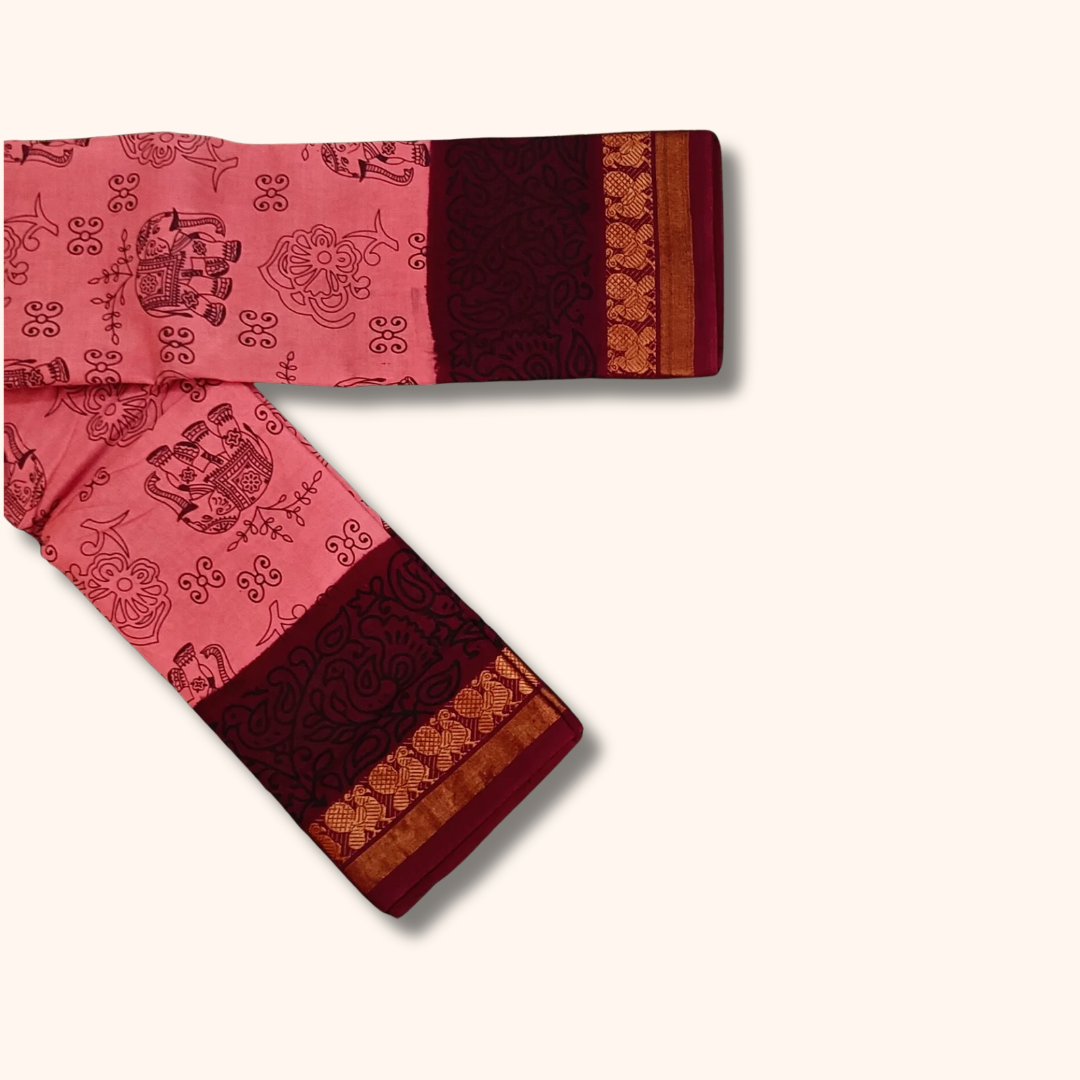 Classic Pink Printed Sungudi Cotton Saree with Floral Border