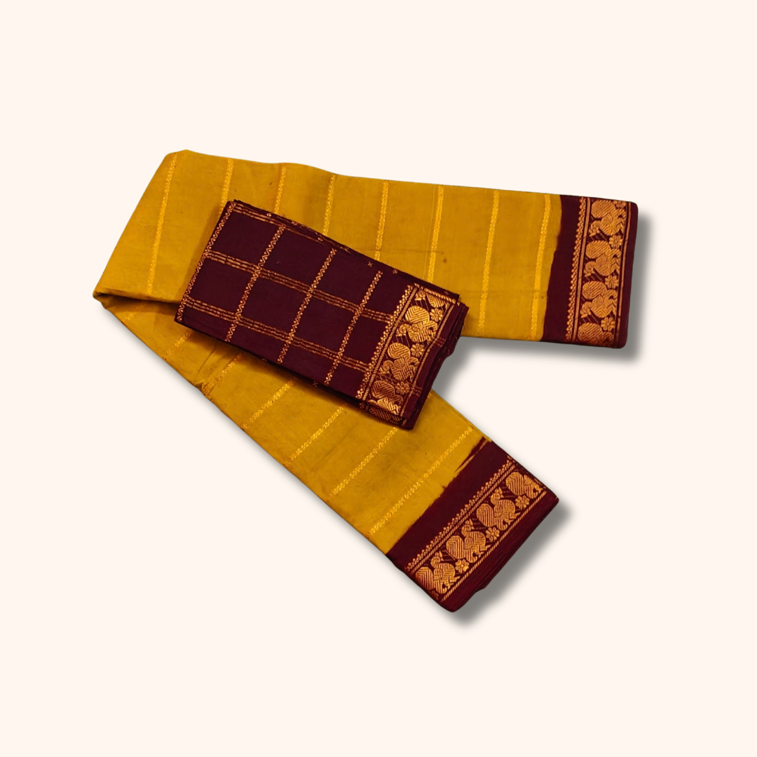 Mustard Yellow Pure Sungudi Cotton Saree with Maroon Gold Border