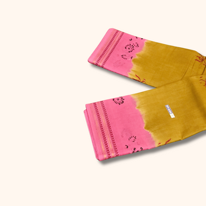 Mustard Yellow Sungudi Cotton Saree with Pink Border