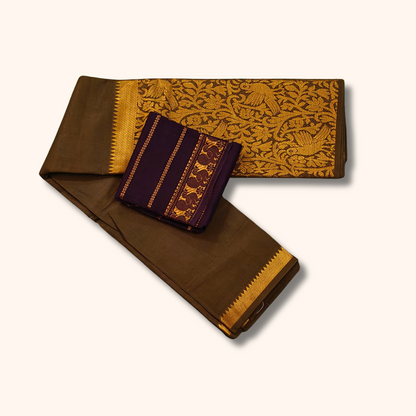 Mustard Brown Vasigara Pattern Sungudi Cotton Saree with Coffee Brown Separate Blouse Piece