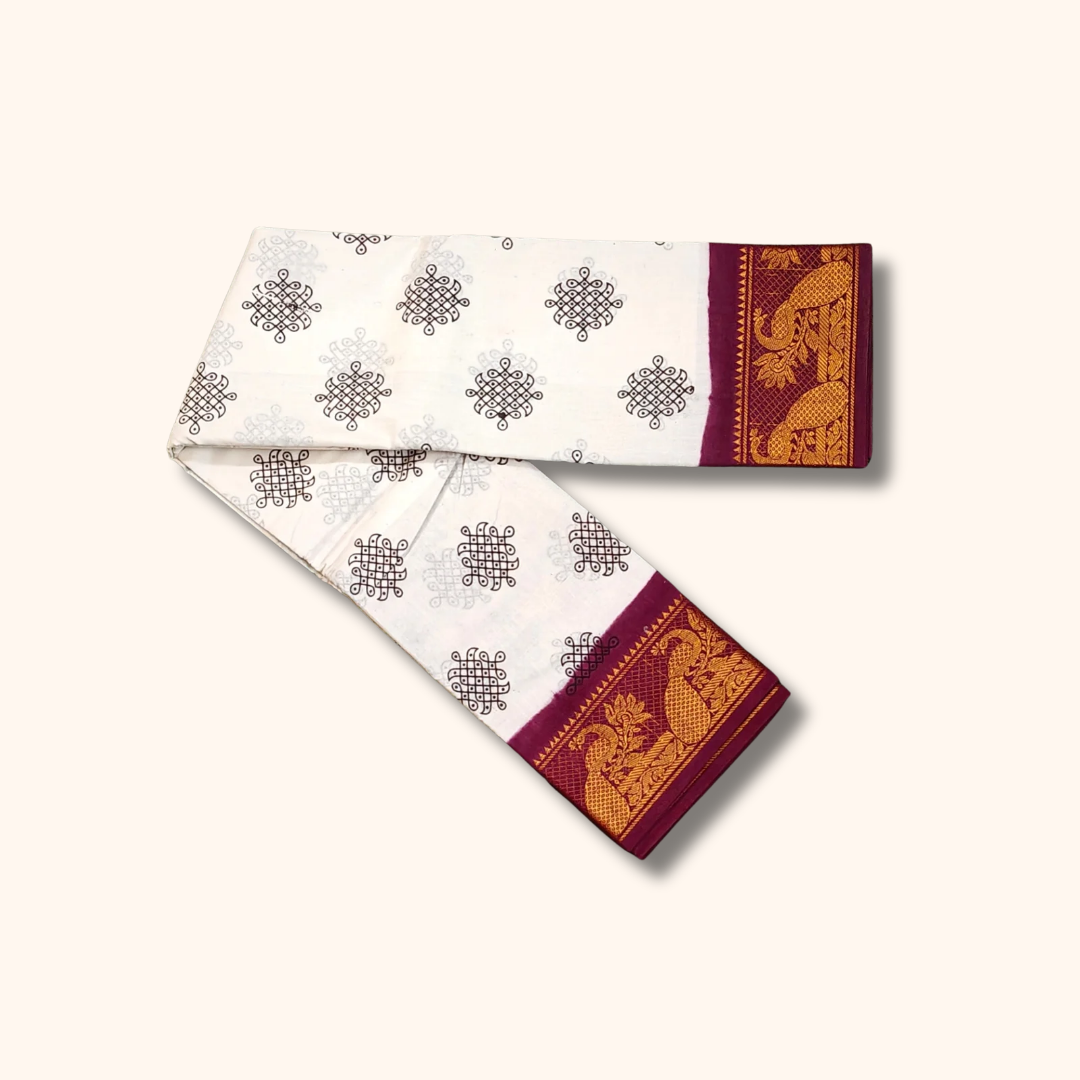 Off White Sungudi Cotton Saree with Maroon Peacock Border