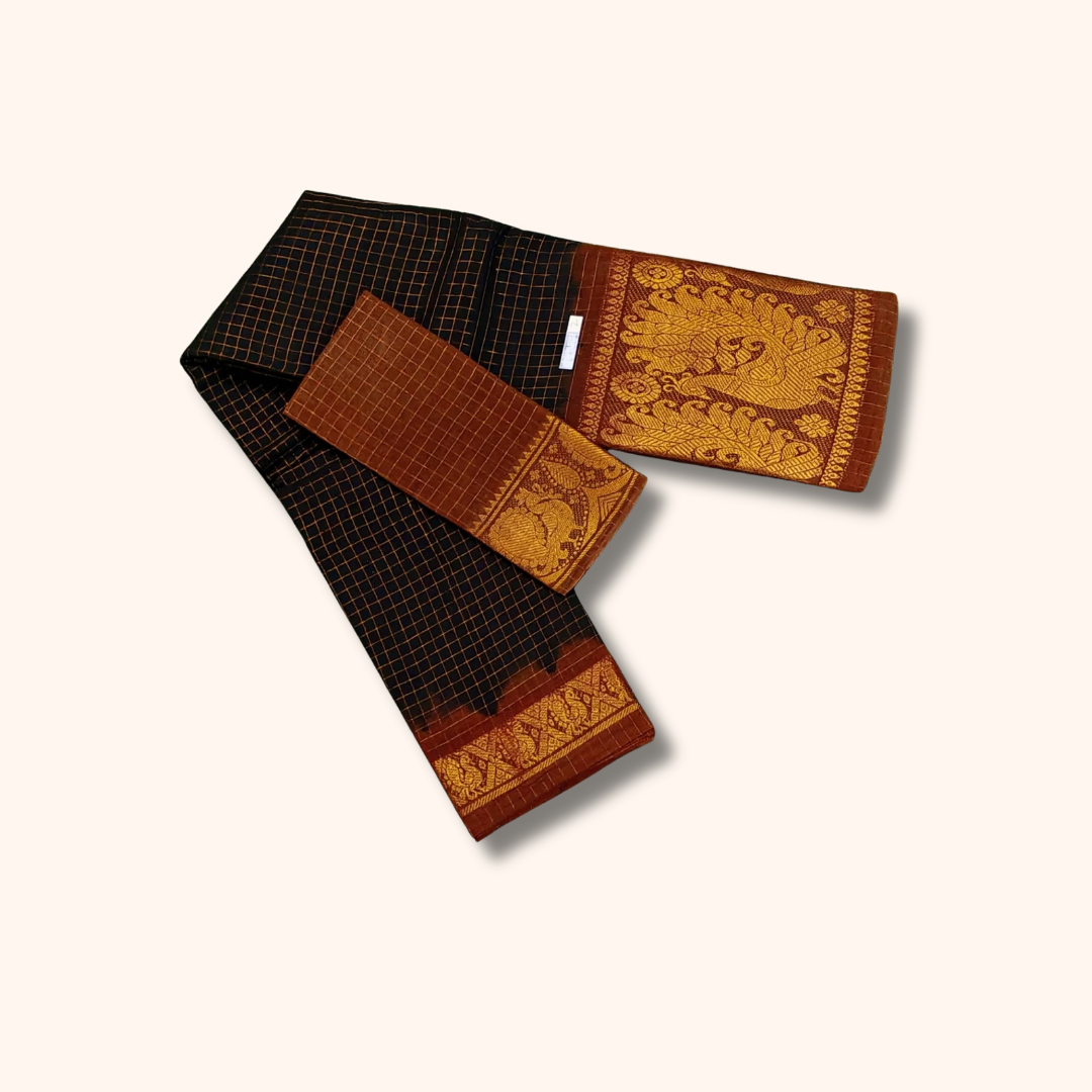 Black & Rust Brown Sungudi Cotton Saree with Peacock Pallu – Separate Blouse Piece