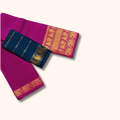 Rani Pink Pure Cotton Saree with Teal Blue Contrast Blouse
