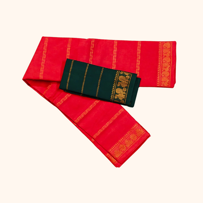 Bright Red Cotton Saree with Bottle Green Separate Blouse