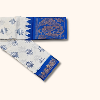 White & Royal Blue Printed Sungudi Cotton Saree with Traditional Zari Border