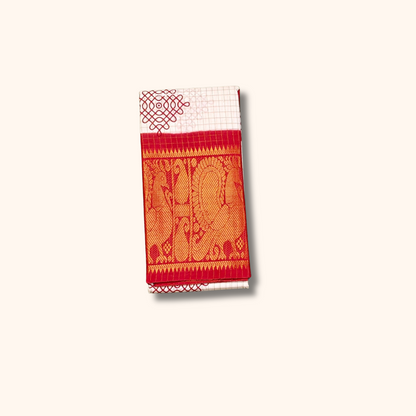 White Checked Kolam Design Cotton Saree with Red Zari Border