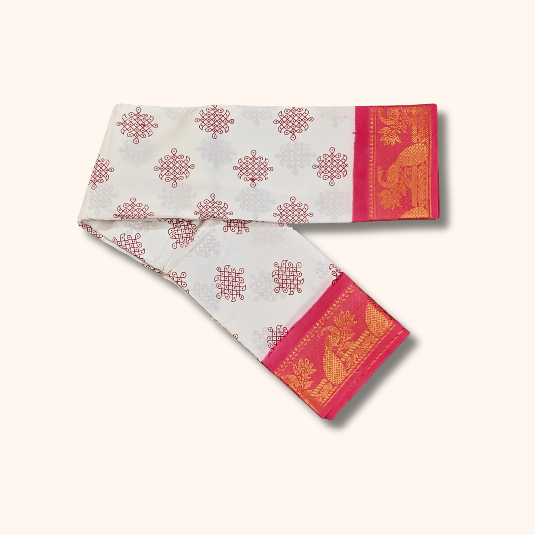 White Kolam Cotton Saree with Rani Pink Peacock Zari Border