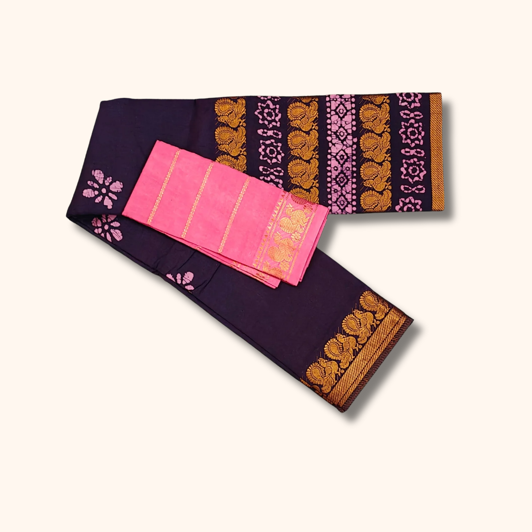 Deep Plum Batik Cotton Saree with Pink Separate Blouse Piece