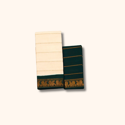 Cream Pure Sungudi Cotton Saree with Dark Green Gold Zari Border