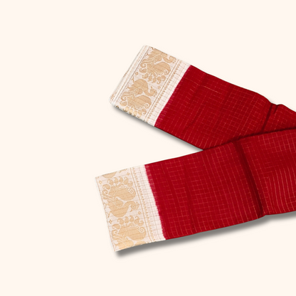 Red Sungudi Cotton Saree with Cream Gold Zari Border – Running Blouse