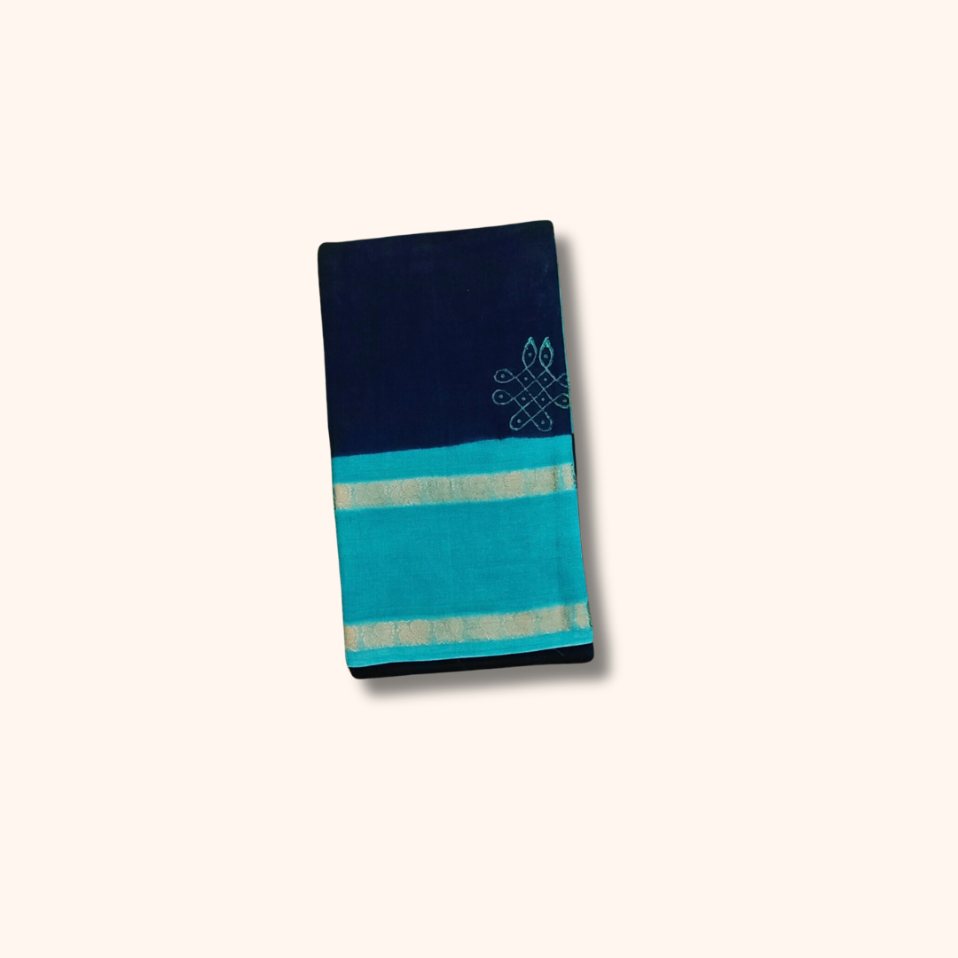 Navy Blue and Teal Blue Kolam Design Cotton Saree with Running Blouse
