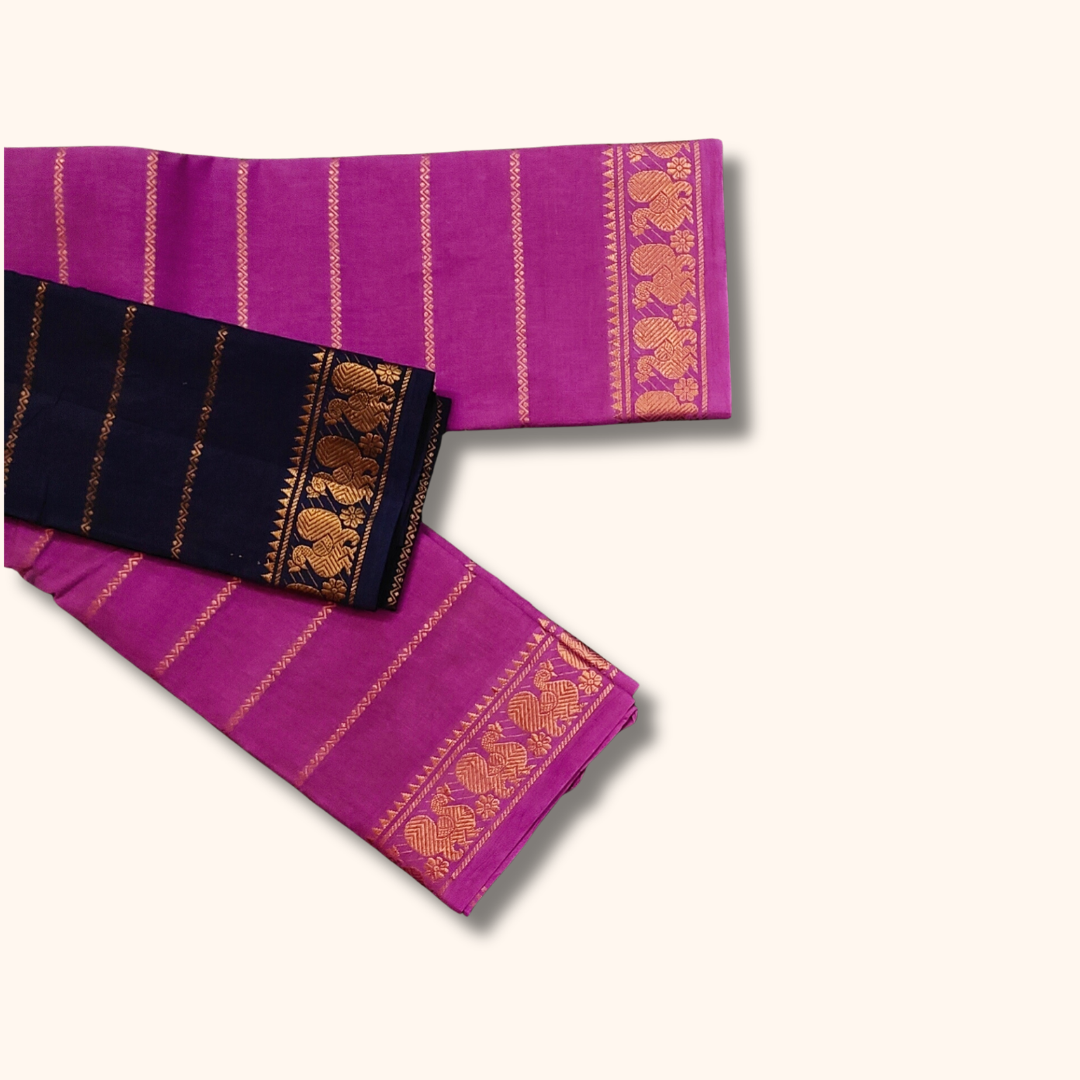 Magenta Cotton Saree with Navy Blue Contrast Blouse – Traditional Cotton Saree