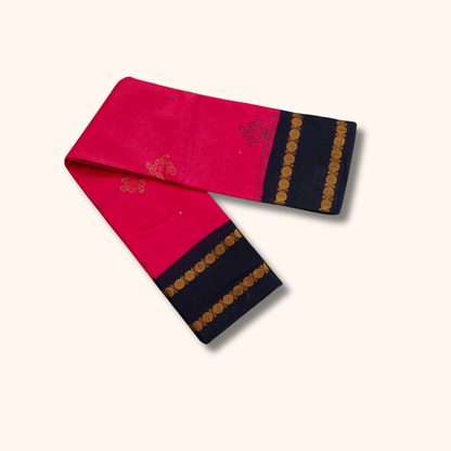 Pink Cotton Saree with Navy Blue Border – Running Blouse