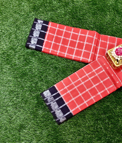 Tomato Red Pavithra Kattam Cotton Saree with Silver Checks & Contrast Dark Blue Border