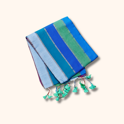 Mulmul Cotton Saree in Ocean Blue Multi-Stripe Design with Tassel Pallu