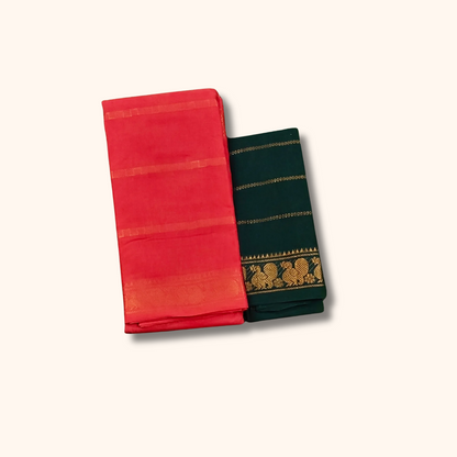 Bright Red Cotton Saree with Bottle Green Separate Blouse