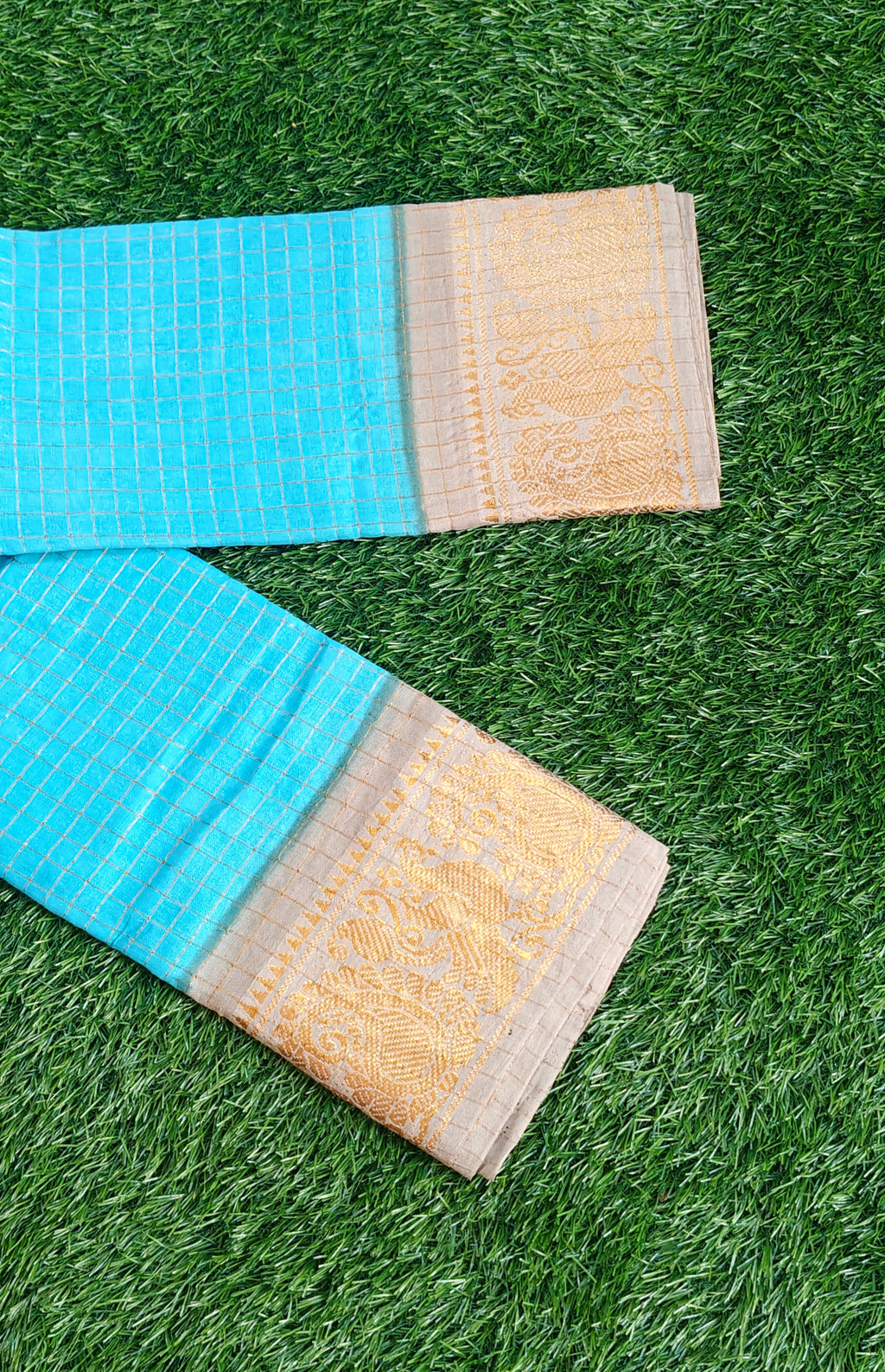 Authentic Pure Cotton Gold Checked Saree – Sky Blue with Elegant Zari Border