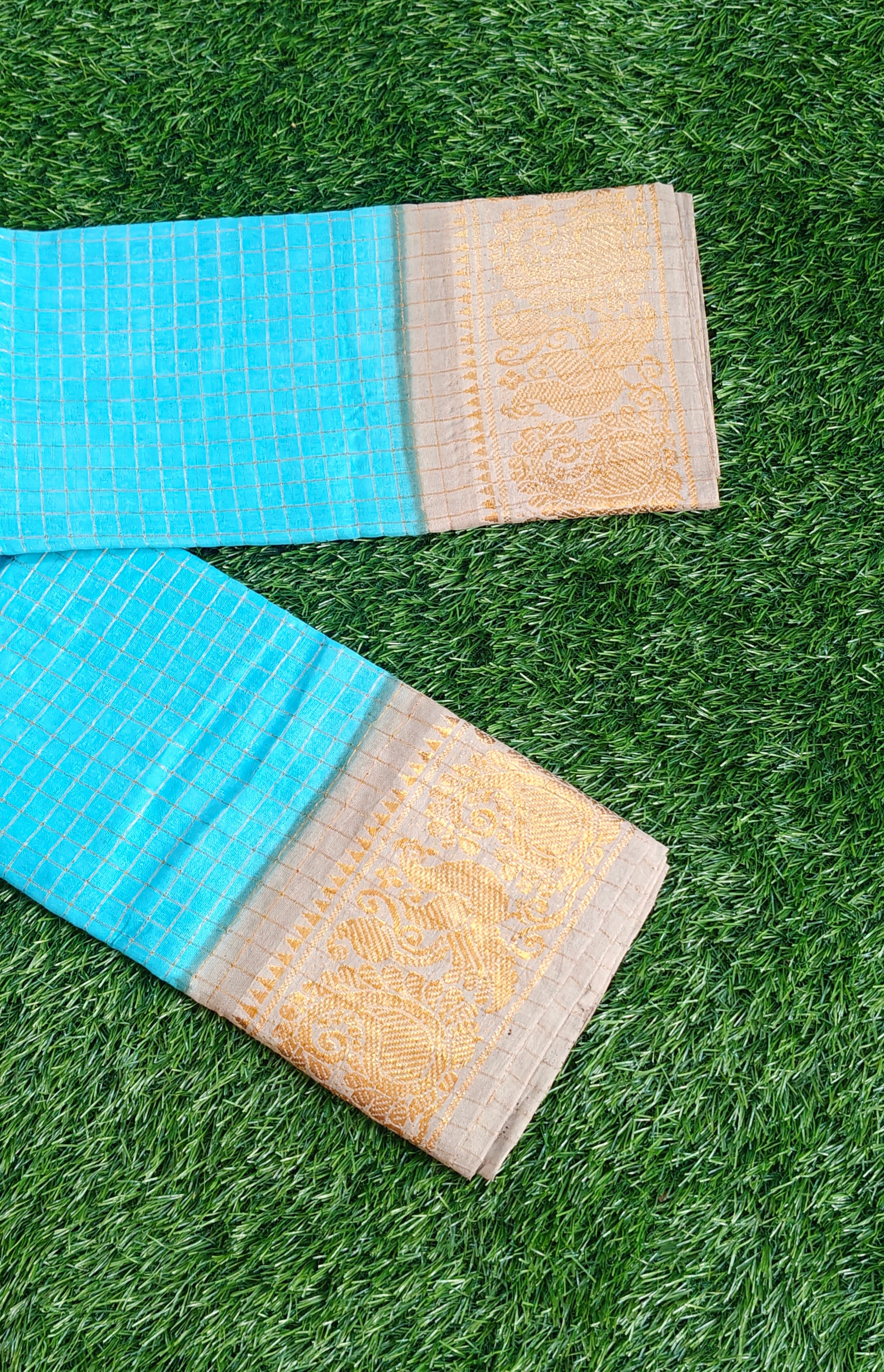 Authentic Pure Cotton Gold Checked Saree – Sky Blue with Elegant Zari Border