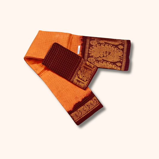 Orange & Maroon Pure Sungudi Cotton Saree with Traditional Zari Border