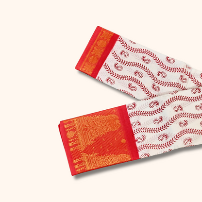 Off-White Cotton Saree with Red Paisley Print & Gold Zari Border – No Blouse