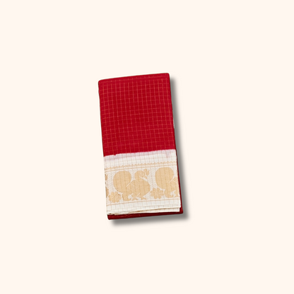 Red Sungudi Cotton Saree with Cream Gold Zari Border – Running Blouse