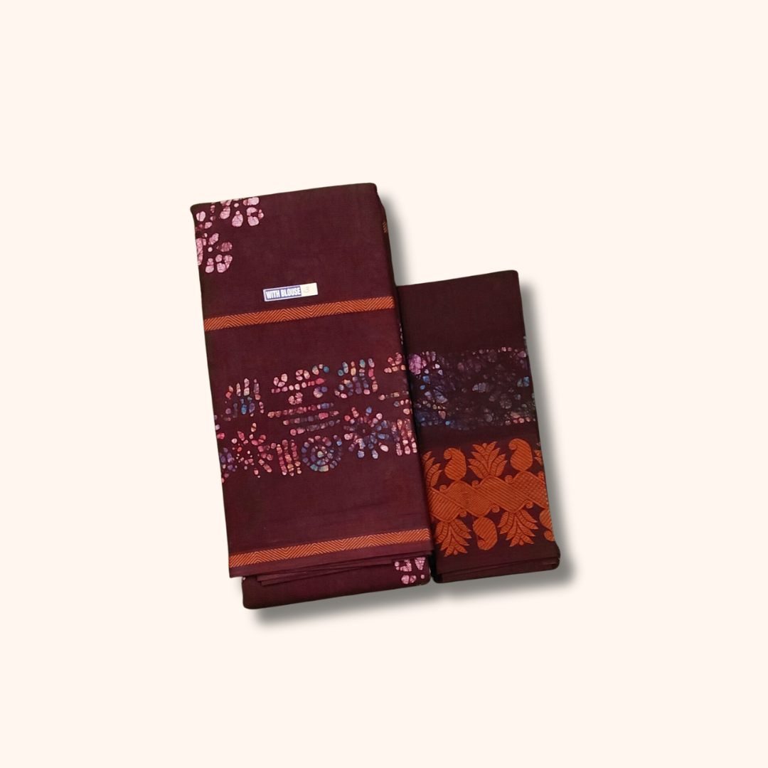 Maroon Batik Cotton Saree with Separate Blouse Piece