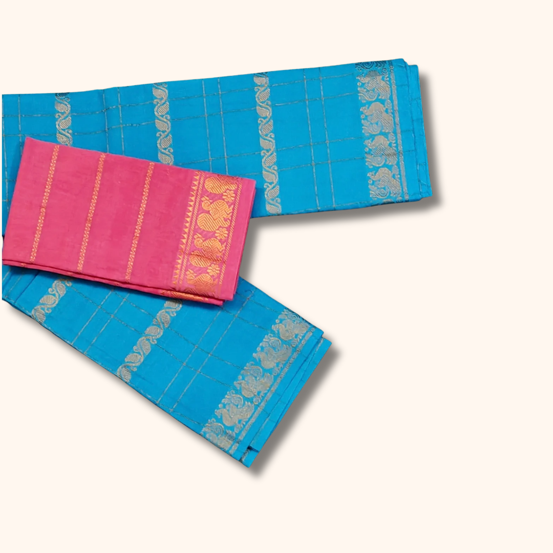 Turquoise Blue & Pink Cotton Saree with Gold Zari Checks & Peacock Border – Separate Blouse