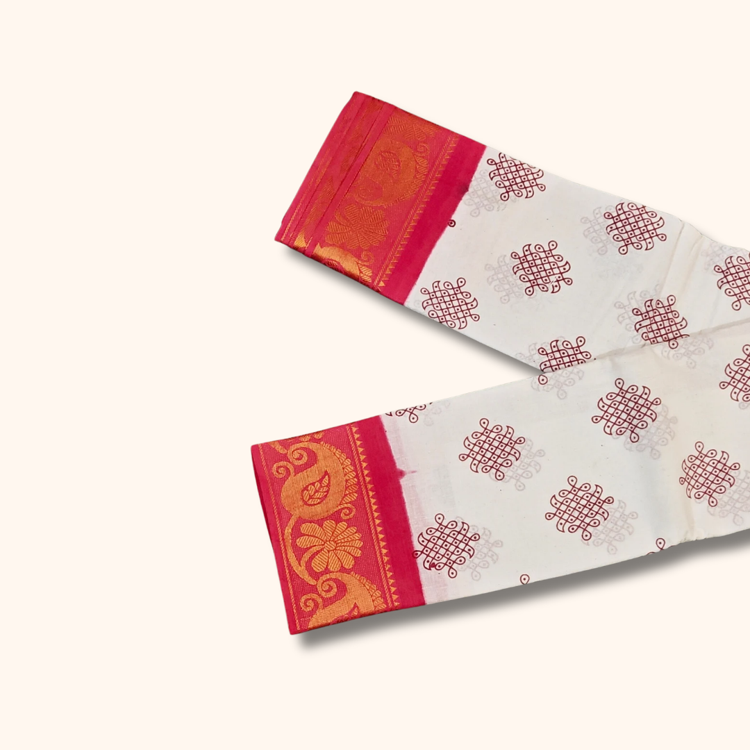 Off White Sungudi Cotton Saree with Rani Pink Peacock Border