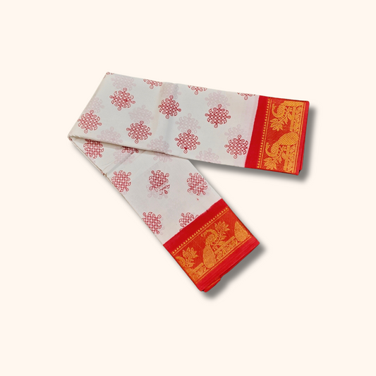 White and Red Printed Sungudi Cotton Saree with Peacock Zari Border