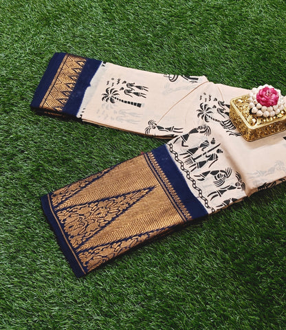 Beige Printed Sungudi Cotton Saree with Navy Blue Zari Border